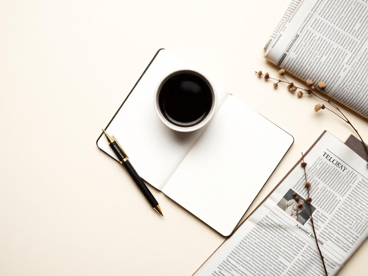Notizbuch, Kaffee und Zeitung
